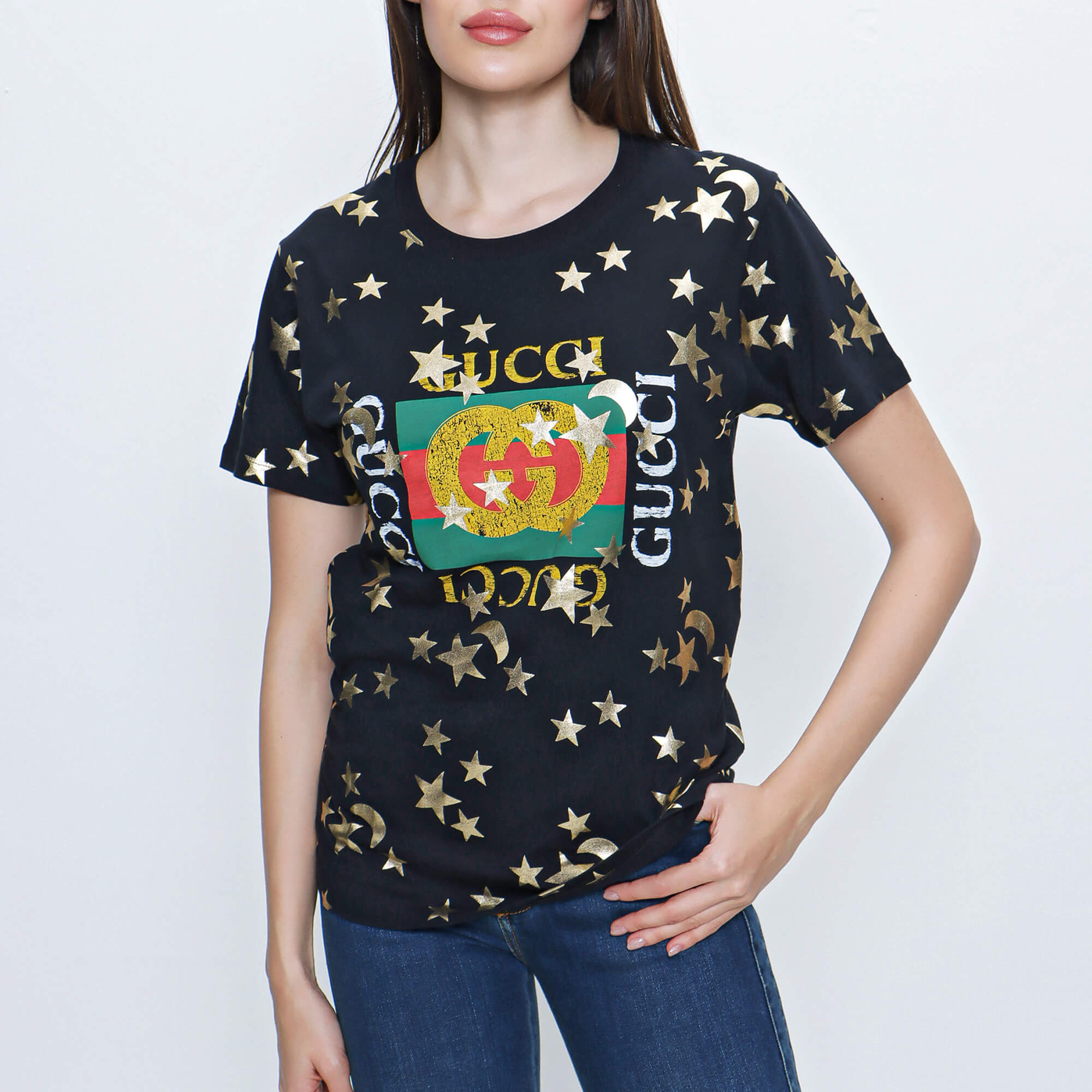 Gucci - Black Cotton Vintage Logo and Star Print T shirt 